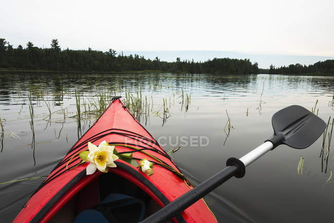 Kayak avec des fleurs fraîches placées sur la proue — Photo de stock