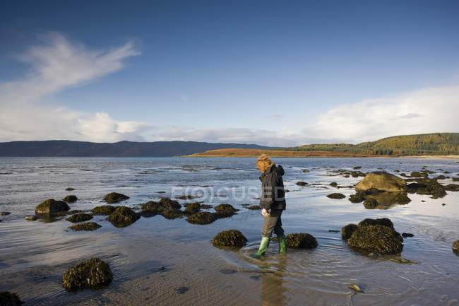 Écosse ; Femme marchant dans les piscines à marée basse sur la plage — Photo de stock
