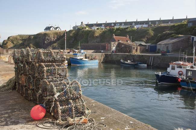 Lobster traps at harbor. Burnmouth, Scottish Borders, Scotland — Stock Photo
