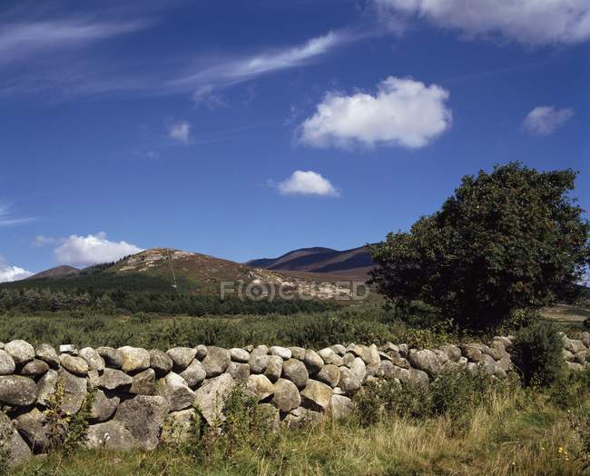 Pared de piedra frente a las montañas - foto de stock