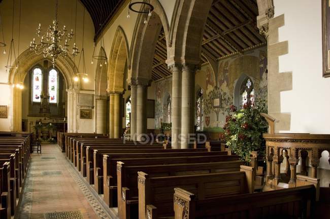Church Interior with benches — Stock Photo