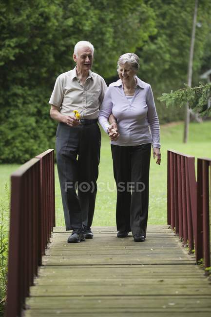 Felice coppia caucasica anziani camminando insieme sul ponte — Foto stock