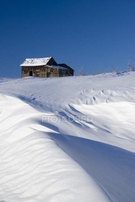 Abandonado Farm Building Atop Snowy Hill — Fotografia de Stock