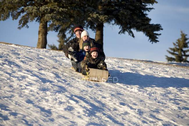 Feliz família caucasiana Tobogganing juntos na neve de inverno — Fotografia de Stock
