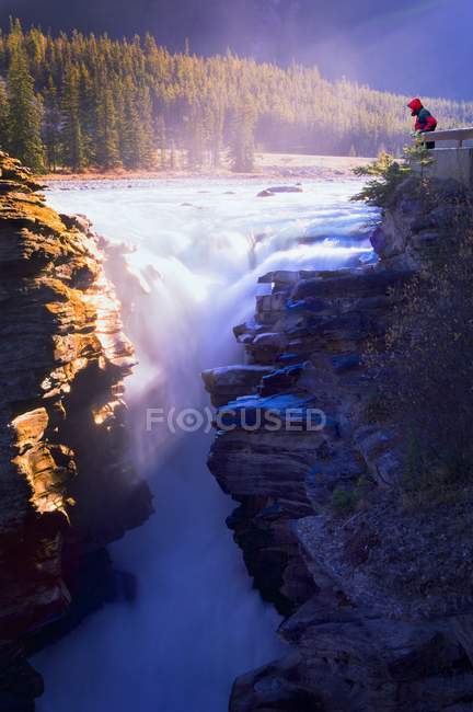 Person Viewing Athabasca Falls In The Early Morning — Stock Photo