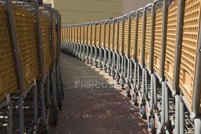 Beaucoup de chariots placés en rangées au parking — Photo de stock