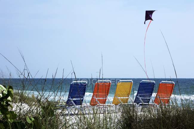 Cadeiras de praia alinhadas na praia — Fotografia de Stock