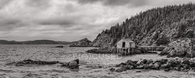 Schwarz-Weiß-Bild von welligem Wasser des Meeres und kleinem Haus am Ufer gegen Hügel mit Bäumen — Stockfoto