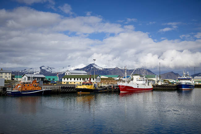 Красочные лодки в гавани и здания вдоль береговой линии; Хофн, Исландия — стоковое фото