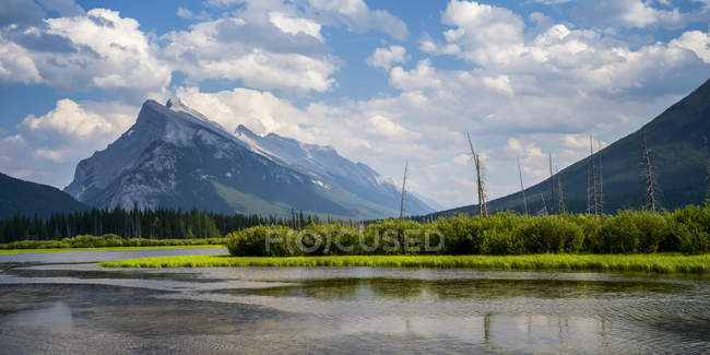 Gebirgsflusswasser mit Gras am Ufer und Gipfeln im Hintergrund — Stockfoto