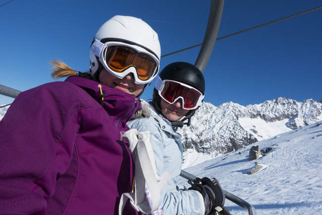 Skiers Riding A Chairlift In Aiguille Des Grands Montets; Chamonix, France — Stock Photo