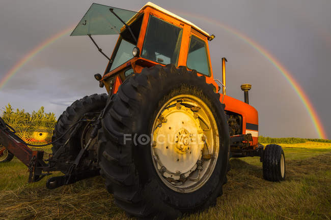 Vista de bajo ángulo del tractor trabajando en campo con herramienta y arco iris sobre fondo - foto de stock