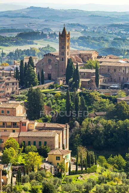 Edifici in pietra e chiesa su paesaggi ricoperti da alberi e dolci colline sullo sfondo; Siena, Toscana, Italia — Foto stock
