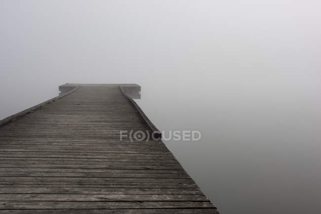 Una piccola darsena di legno con fitta nebbia alla fine sull'acqua di Scott Lake in autunno; Olympia, Washington, Stati Uniti d'America — Foto stock