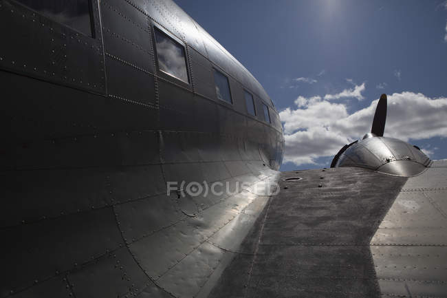 Close-up of the side of a Douglas DC-3 aircraft; Parry Sound, Ontario, Canada — Stock Photo