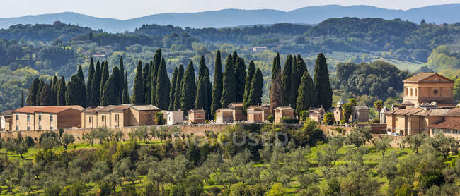 Edificios de piedra, iglesia y cementerio en el paisaje de colinas cubiertas de árboles; Siena, Toscana, Italyq - foto de stock