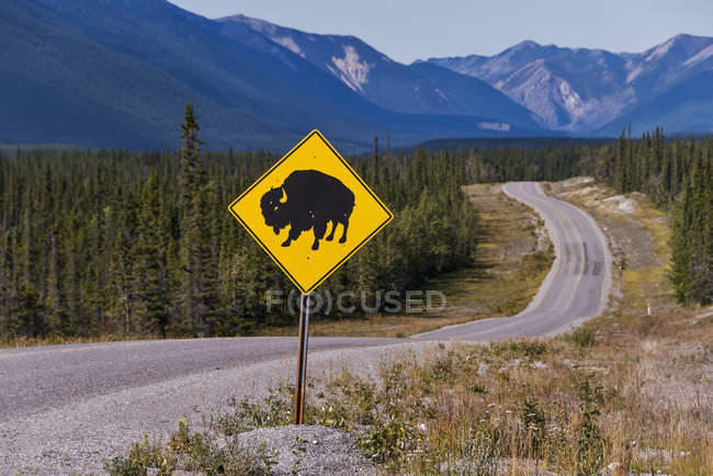 Firma de bisonte colocada en el lado de la autopista Alaska; Columbia Británica, Canadá - foto de stock