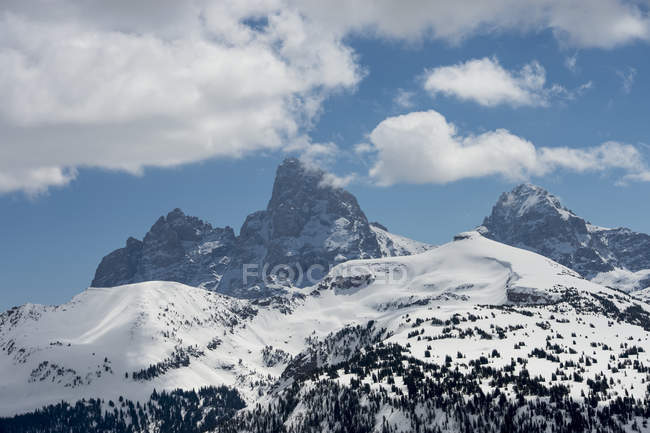 Picos montanhosos em uma paisagem coberta de neve com céu azul e nuvem, Peace Park; Wyoming, Estados Unidos da América — Fotografia de Stock