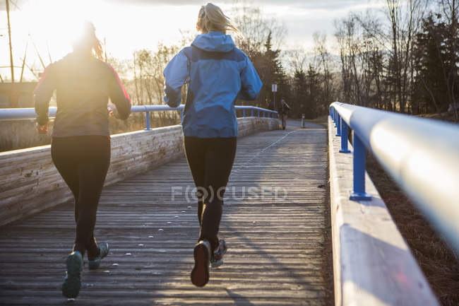 Dos mujeres jóvenes corriendo por un sendero al amanecer; Anchorage, Alaska, Estados Unidos de América - foto de stock