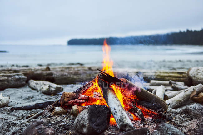 Un incendio en la playa con el océano y la costa al fondo, Cape Scott Provincial Park; Columbia Británica, Canadá - foto de stock