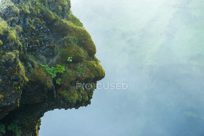 Forma da cabeça e do rosto em rochas naturais ao lado da cachoeira Skogafoss, Islândia — Fotografia de Stock
