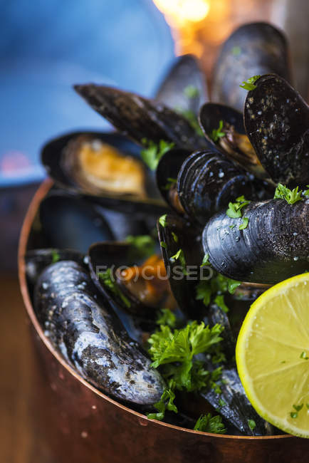 Bowl of mussels, Sjavarpakkhusid restaurant; Stykkisholmur, Iceland — Stock Photo