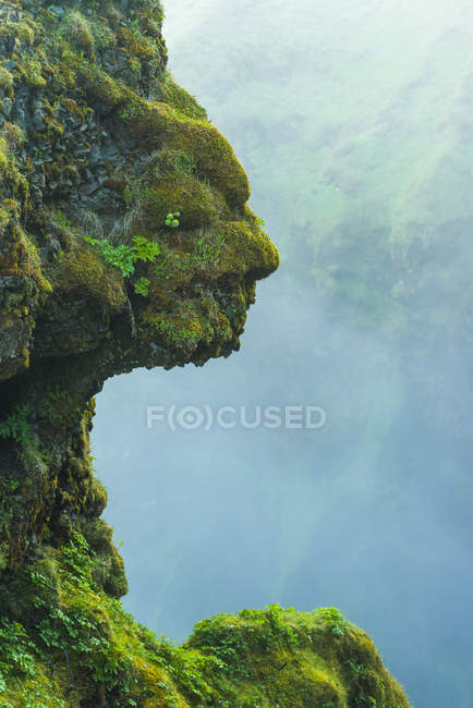 Shape of head in natural rocks covered in green moss beside Skogafoss waterfall; Iceland — Stock Photo