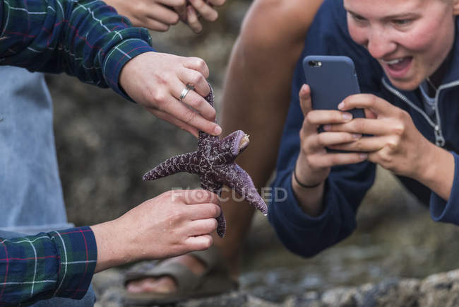 Amigos tirando fotos de estrelas do mar na praia — Fotografia de Stock