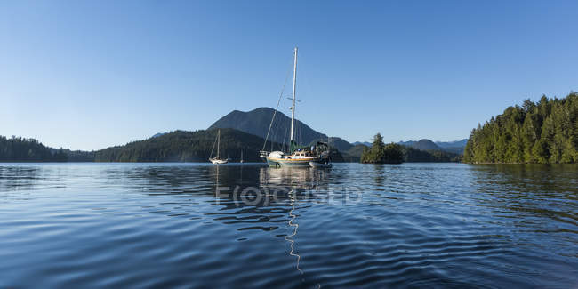Um veleiro e barco inflável ancorado nas águas tranquilas do Clayoquot Sound, Ilha de Vancouver; Tofino, Colúmbia Britânica, Canadá — Fotografia de Stock