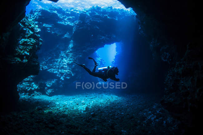 Mergulhador nada através de arcos de lava com raios de sol, local de mergulho catedrais; Lanai City, Lanai, Hawaii, Estados Unidos da América — Fotografia de Stock