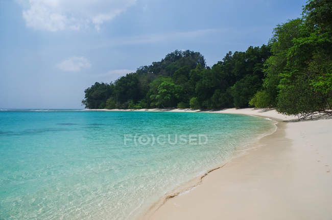 Playa tropical con arena blanca, cielo azul y agua turquesa; Islas Andamán, India - foto de stock