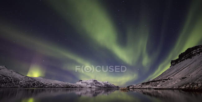 Aurora Boreal, o auroras boreales; Djupavik, fiordos del oeste, Islandia - foto de stock