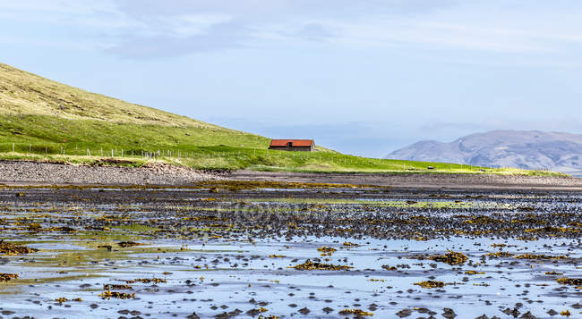 Singola casa colonica ai margini della montagna Kirkjufell e dell'oceano Atlantico nella penisola di Snaefellsnes, Islanda occidentale, Grundarfjorour, Islanda — Foto stock