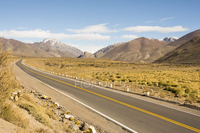 Дорога ведет глаз через пустыню и заснеженные горы, Маларг, Мендоса, Аргентина — стоковое фото