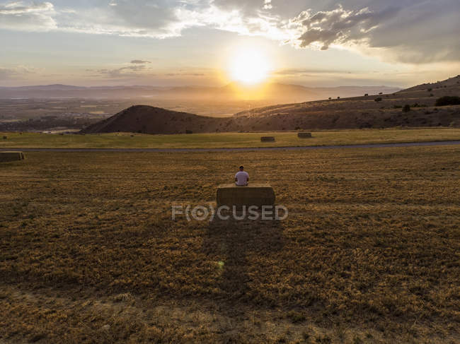 Rear view of man sitting on heap of wheat on field at sunset, Hyde Park, Utah, USA — Stock Photo