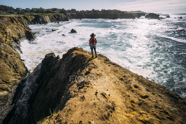 Una donna in piedi e che guarda fuori lungo i Promontori del golfo russo, contea di Mendocino, California, Stati Uniti d'America — Foto stock