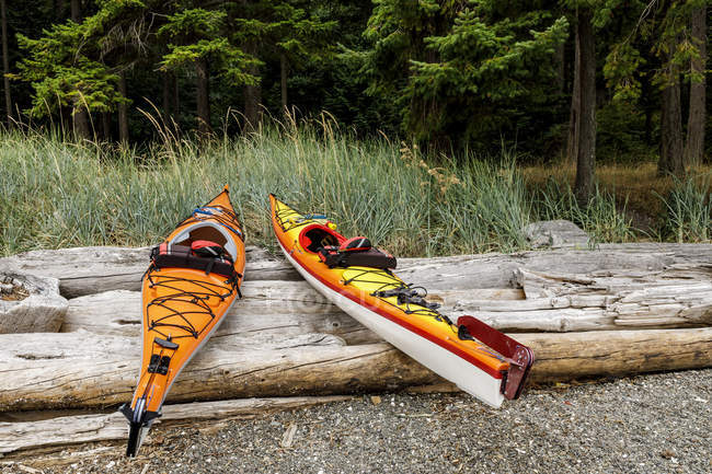Kayaks en un pequeño islote en Beaumont Marine Park en Bedwell Harbour, Pender Island, Columbia Británica, Canadá - foto de stock