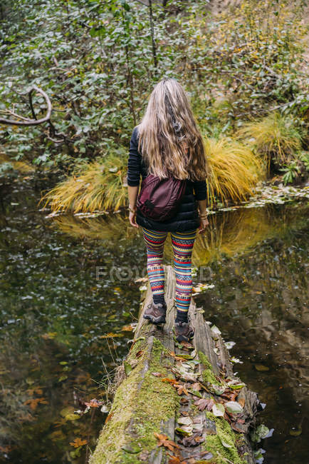 Eine Frau, die im Herbst über einen Baumstamm über einen ruhigen Bach geht, Kalifornien, Vereinigte Staaten von Amerika — Stockfoto