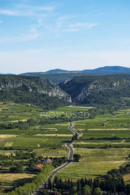 Landscape of the valley where the city of Tautavel is located, surrounded by vineyards in the Pyrenees-Orientales region in southeastern France, Tautavel, Languedoc, France — Stock Photo