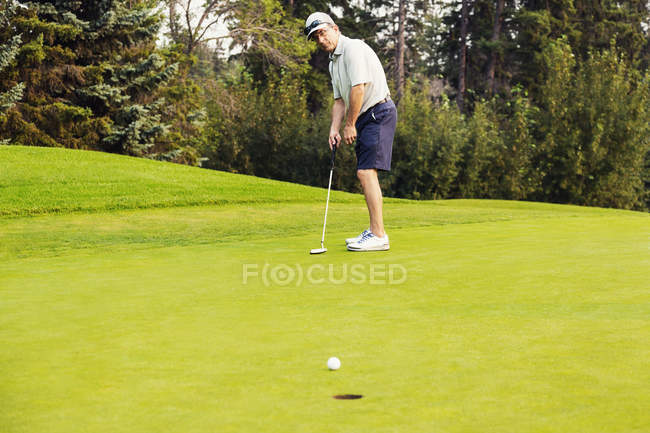 Um golfista macho maduro habilmente coloca uma bola de golfe em um buraco em um campo de golfe, Edmonton, Alberta, Canadá — Fotografia de Stock