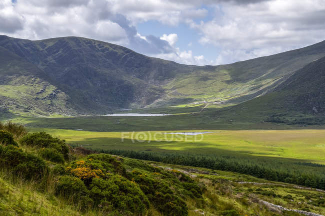La luce del sole e le ombre cadono su una valle lussureggiante, Castlegregory, Contea di Kerry, Irlanda — Foto stock