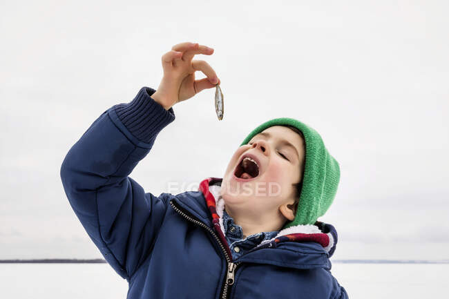 Young boy pretending to eat a baitfish minnow while ice fishing at Wabamun Lake; Wabamun, Alberta Canada — Stock Photo