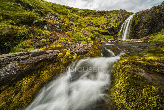 Wasser, das von einer Felswand auf einen Bach fällt; Island — Stockfoto