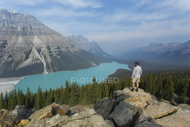 Un uomo in piedi su un crinale roccioso che domina le splendide acque turchesi del lago Peyto nel Banff National Park; Alberta, Canada — Foto stock