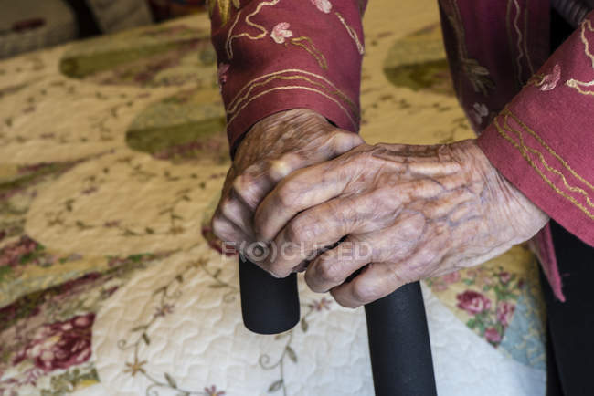 Manos de mujer mayor agarradas a un bastón; Olympia, Washington, Estados Unidos de América - foto de stock