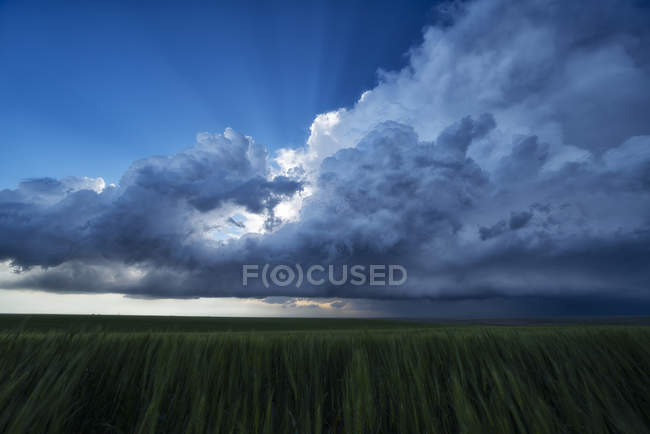 Ciel dramatique sur le paysage vu lors d'une tournée de chasse aux tempêtes dans le Midwest des États-Unis ; Kansas, États-Unis d'Amérique — Photo de stock