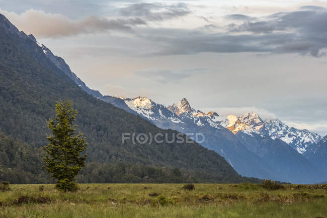 Cloudy sunset over snowy mountains at the Eglinton Valley; South Island, New Zealand — Stock Photo