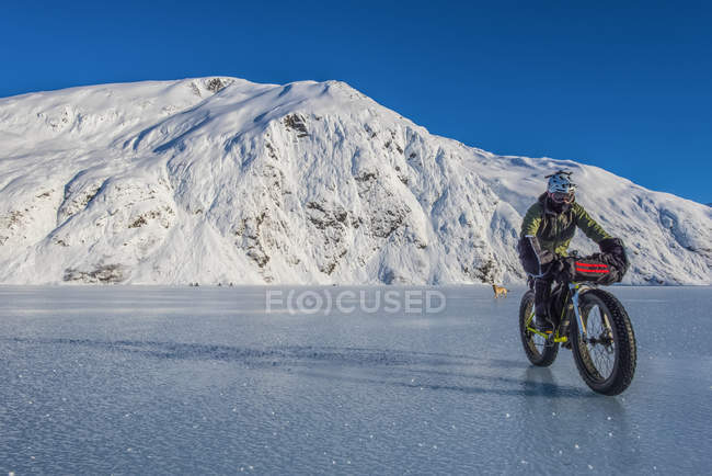 Uomo in sella fatbike attraverso congelato Portage Lake a metà inverno nel centro-sud Alaska, Stati Uniti d'America — Foto stock