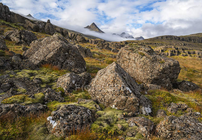 Hermoso paisaje escarpado a lo largo de la costa este de Islandia; Islandia - foto de stock
