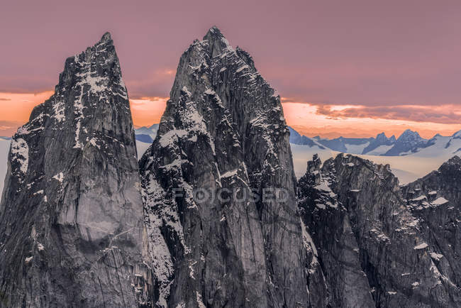 Rugged peaks and snow-covered glaciers at sunset, Juneau Icefield, Tongass National Forest; Alaska, Untied States of America — Stock Photo